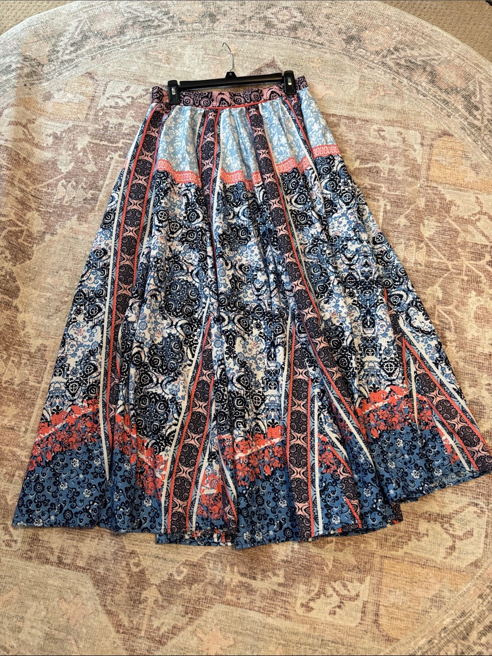 Versona Women’s Bohemian Patchwork Midi Skirt in Navy, Pinkish & Cream w/pockets